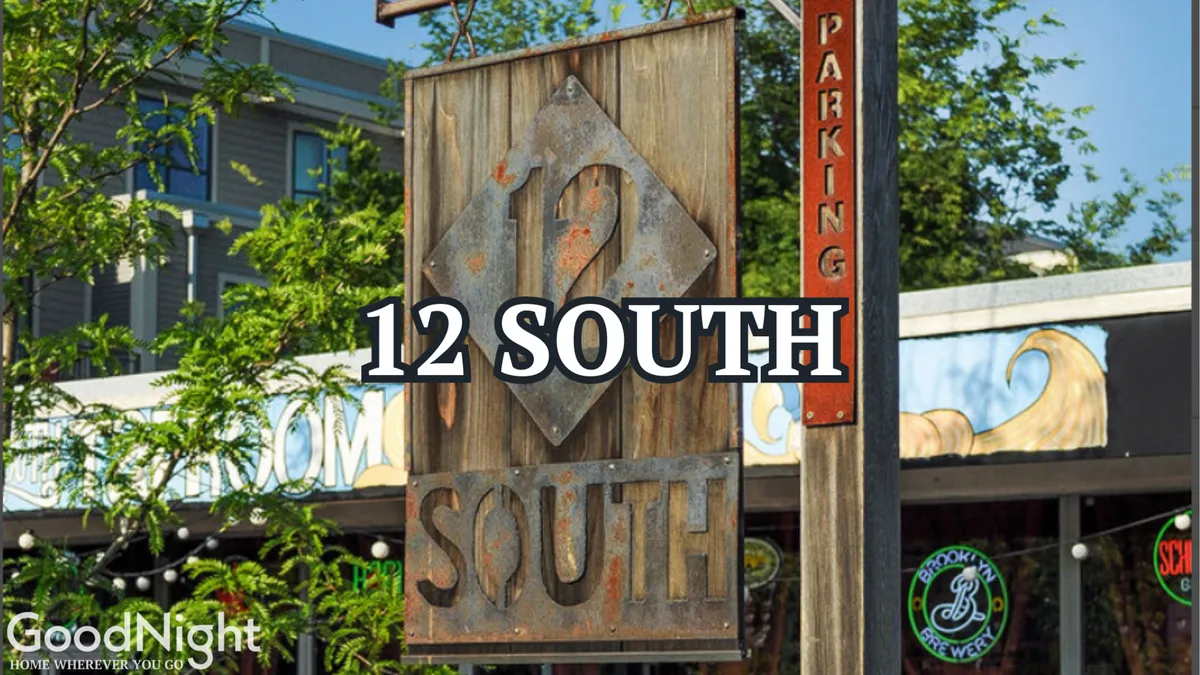A vibrant exterior streetscape featuring storefront signage, inviting greenery, and shoppers exploring a row of unique local businesses and eateries. The sidewalks bustle with people enjoying shopping, dining, and glimpses of outdoor art displays, reflecting the lively essence of Nashville's urban hotspots.