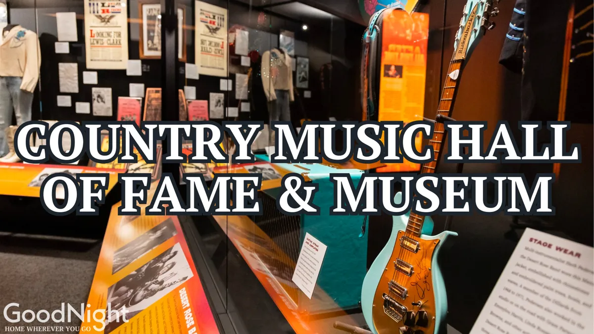 An interior view filled with country music memorabilia, including a guitar and stage wear displays, creating an immersive, interactive museum environment. The scene hints at the vibrant, music-filled culture that Nashville is known for, appealing to visitors of all ages.