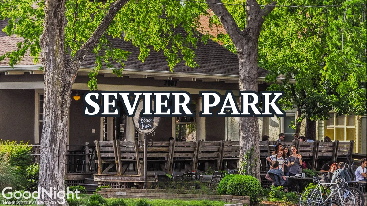A vibrant outdoor patio area shaded by large trees, with people socializing and enjoying the fresh air. The space is designed for dining outdoors, social gatherings, and soaking in the relaxed, natural atmosphere.